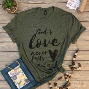 God's Love Never Fails (Heathered Olive)